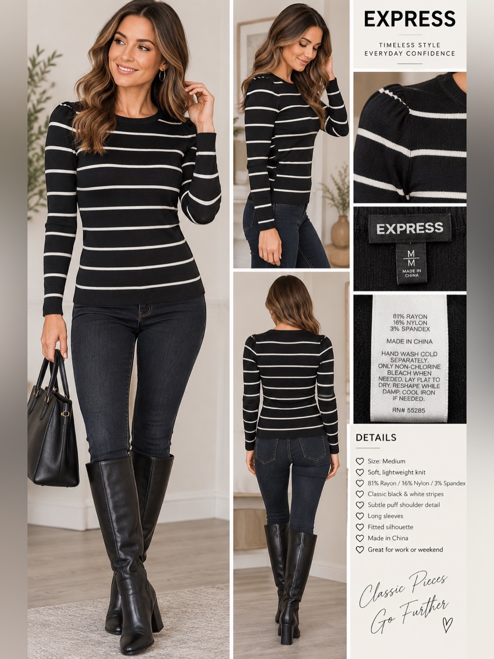 Express Black White Striped Knit Sweater Puff Shoulder Size M